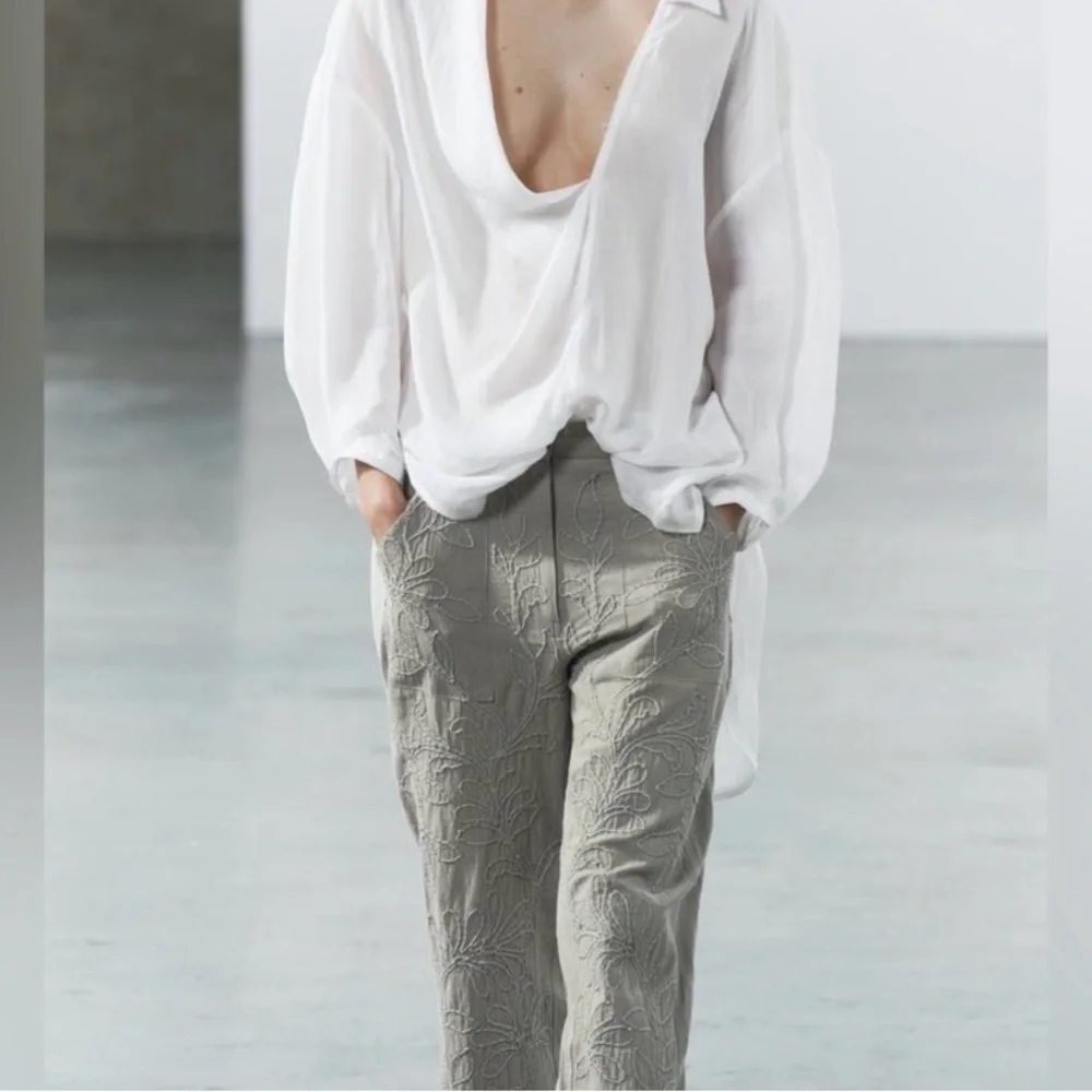 Embroidered Light Gray Linen-Blend Wide Leg Pants